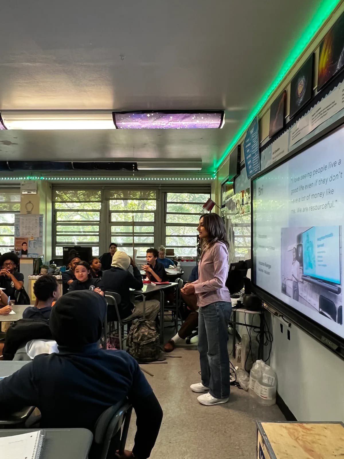 Students gathered for a Career Day presentation in their classroom.